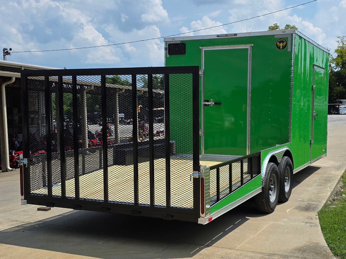 8.5x24 Lime Green Enclosed Hybrid (2) 7,000lb axles Back right-angle picture 
