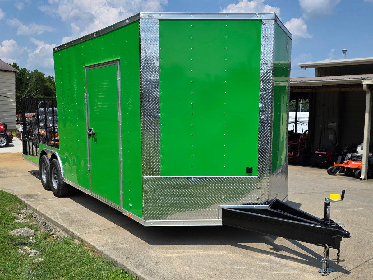 8.5x24 Lime Green Enclosed Hybrid (2) 7,000lb axles Front left angle picture 