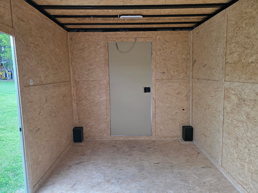 8.5x24 Lime Green Enclosed Hybrid (2) 7,000lb axles Interior front side picture 