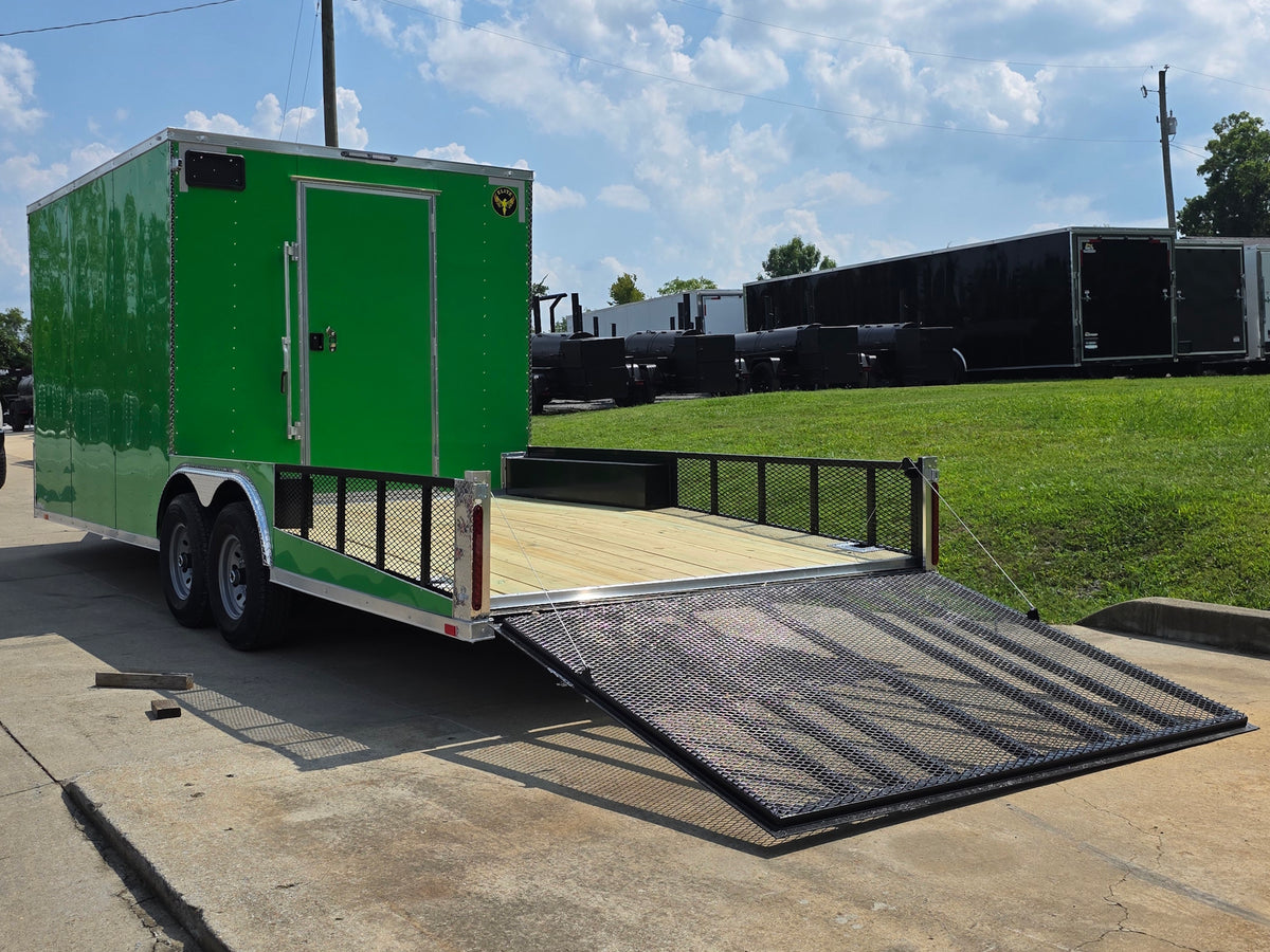 8.5x24 Lime Green Enclosed Hybrid (2) 7,000lb axles Open back left angle picture 
