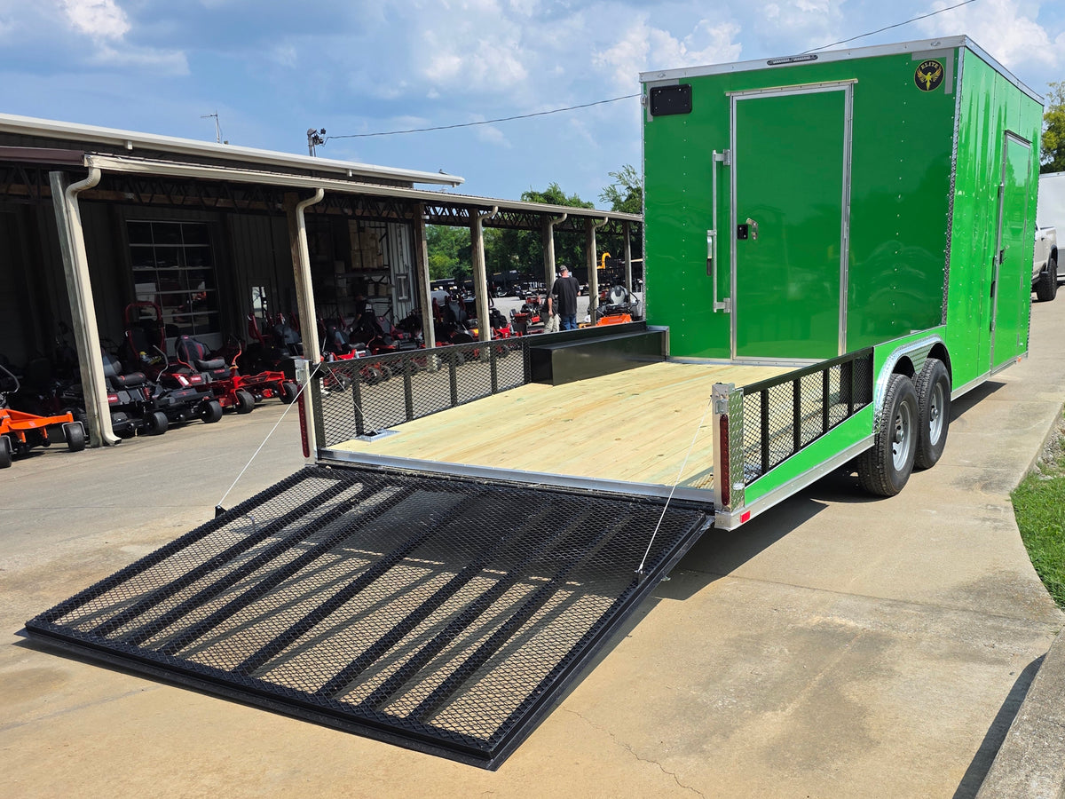 8.5x24 Lime Green Enclosed Hybrid (2) 7,000lb axles Open back right-angle picture 