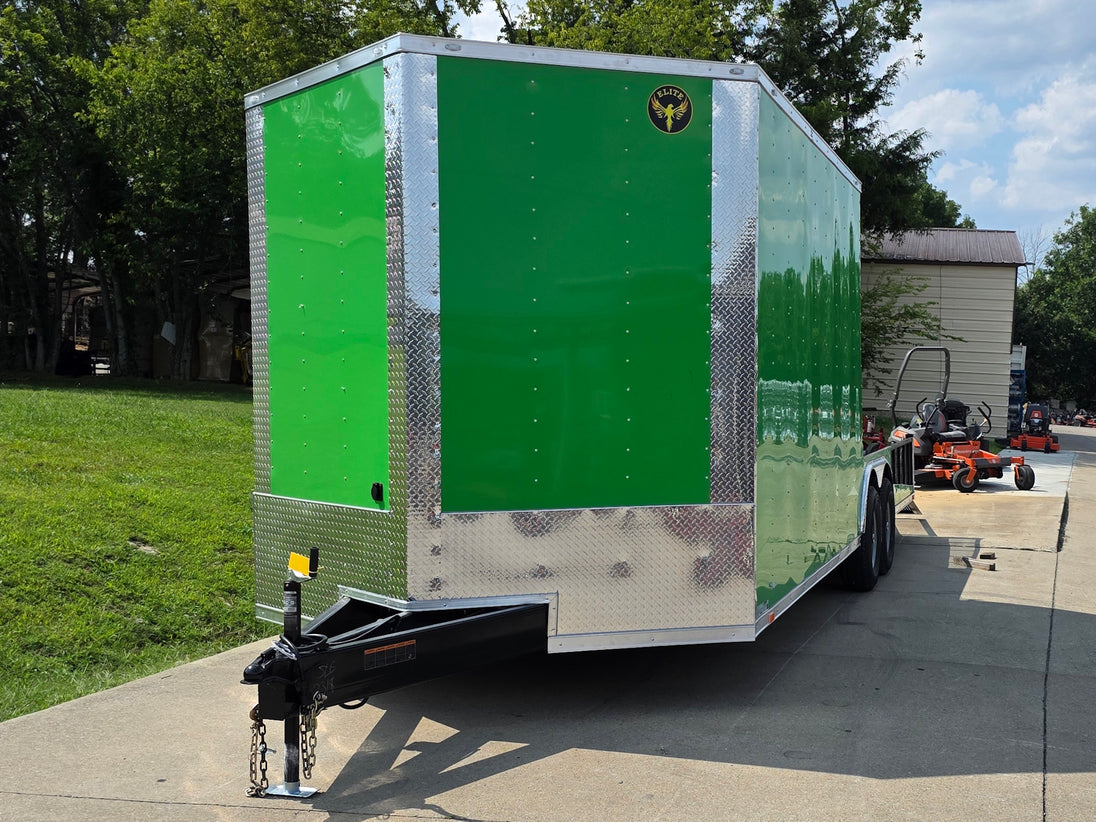 8.5x24 Lime Green Enclosed Hybrid (2) 7,000lb axles Open front right angle picture 