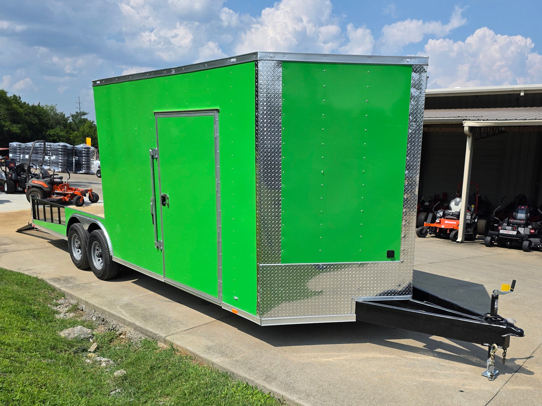 8.5x24 Lime Green Enclosed Hybrid (2) 7,000lb axles Open left angle picture 
