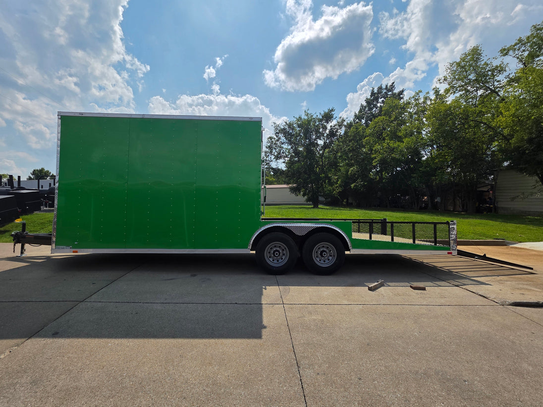 8.5x24 Lime Green Enclosed Hybrid (2) 7,000lb axles Open right-side picture 