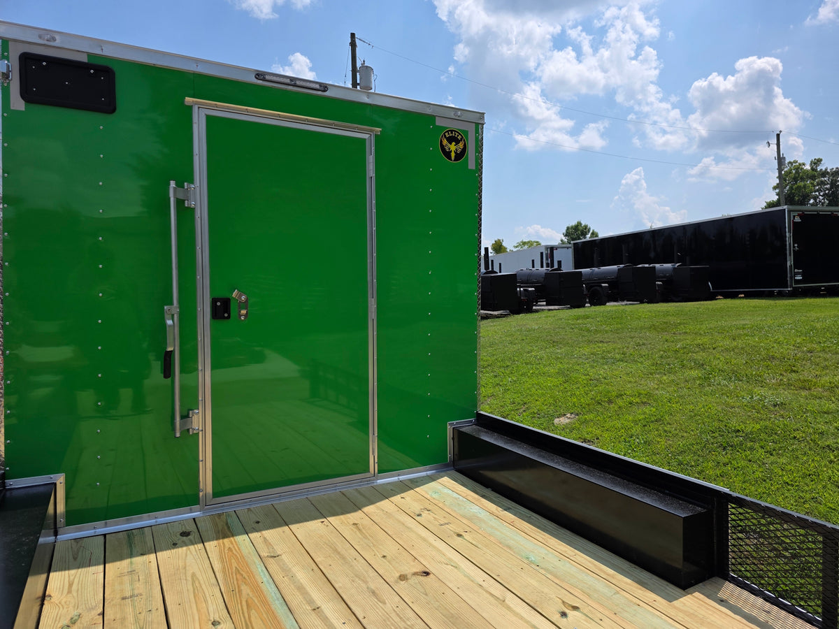 8.5x24 Lime Green Enclosed Hybrid (2) 7,000lb axles Utility back left angle picture 