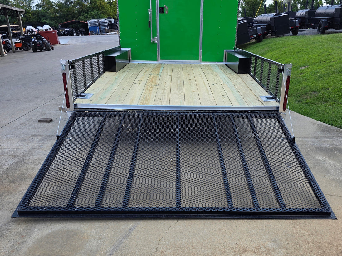 8.5x24 Lime Green Enclosed Hybrid (2) 7,000lb axles gate down picture 