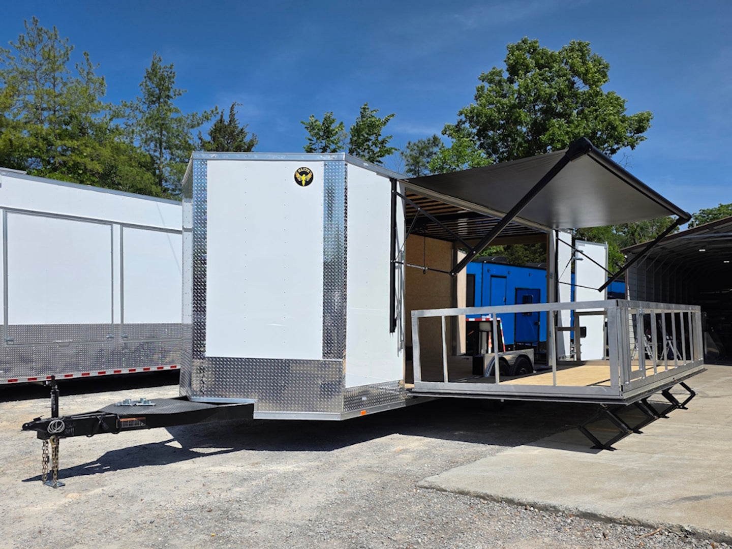 8.5x24 Walk on Roof Stage trailer Open front right angle picture  