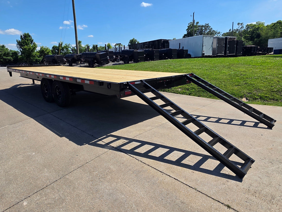 8.5x25 Straight Deckover Trailer (2) 7K Axles with Slide Out Ramps 14K GVWR Open back left angle picture 