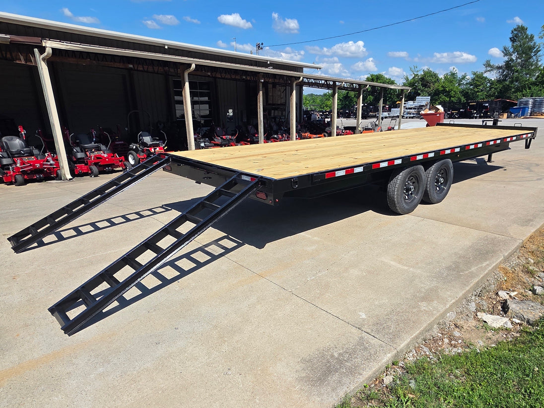 8.5x25 Straight Deckover Trailer (2) 7K Axles with Slide Out Ramps 14K GVWR Open back right angle picture 