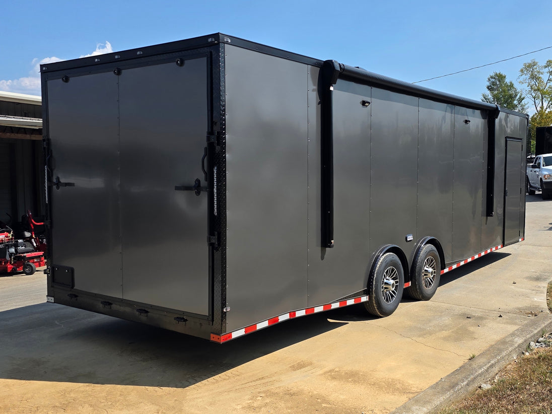 8.5x28  Grey Enclosed Trailer For Race, Show Car Fully Loaded (2) 7,000LB Axle 14K GVWR back right angle picture 