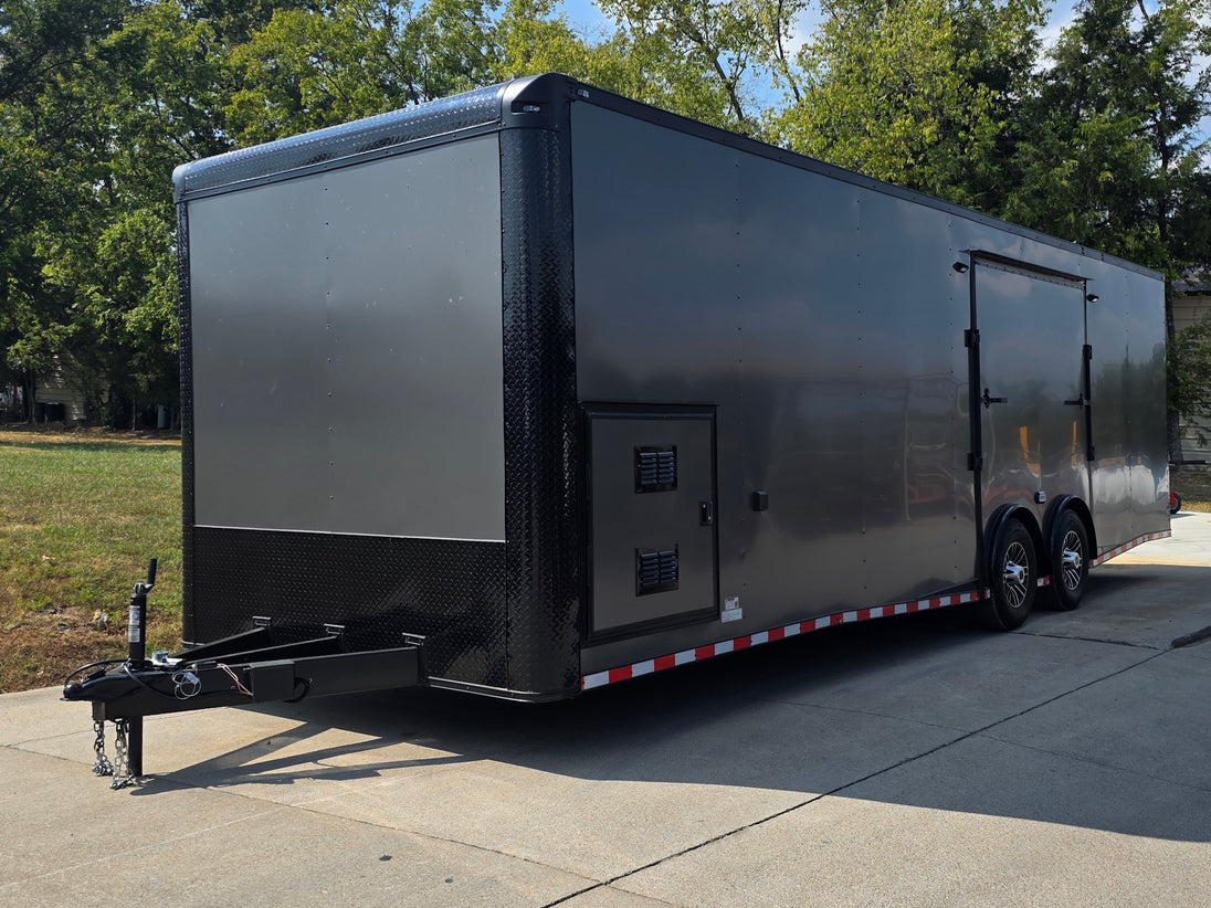 8.5x28  Grey Enclosed Trailer For Race, Show Car Fully Loaded (2) 7,000LB Axle 14K GVWR Frot right angle picture 