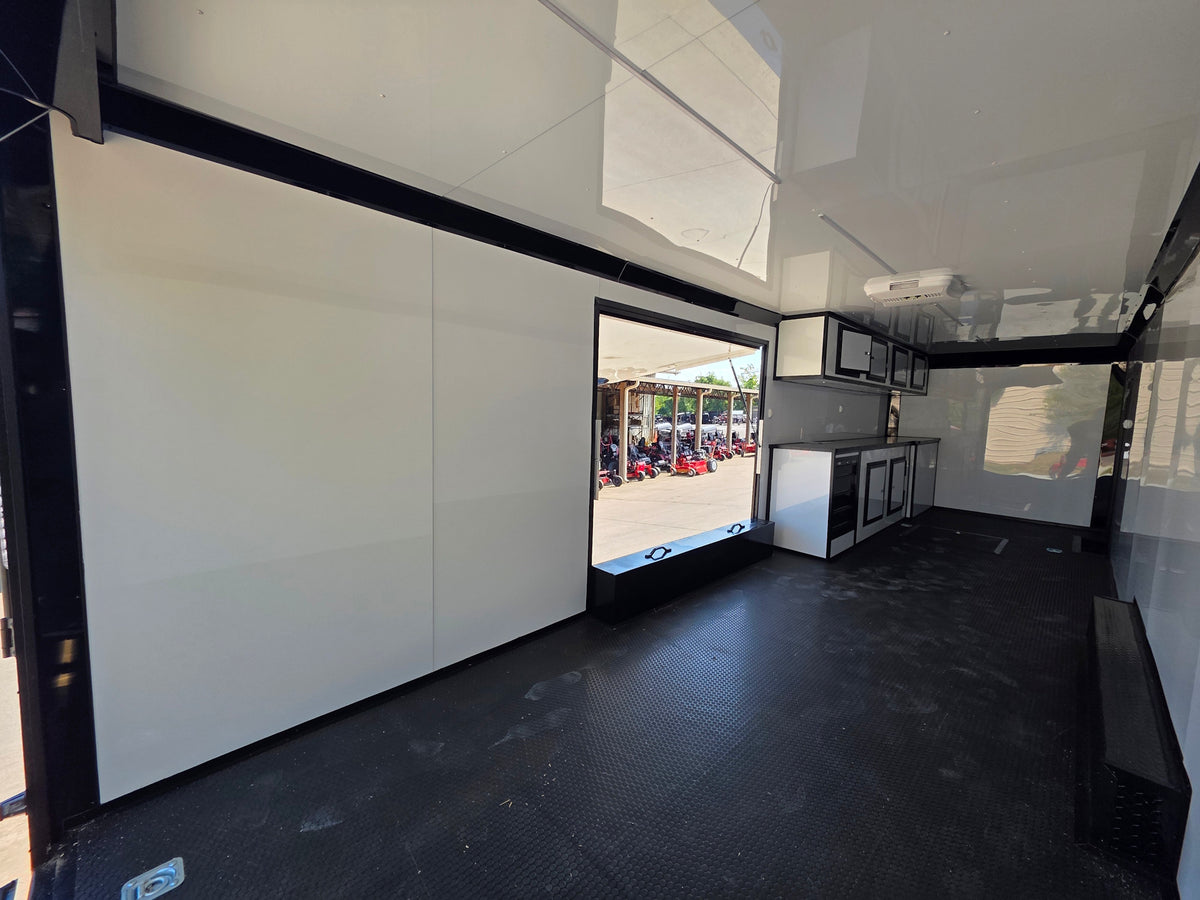 8.5x28  Grey Enclosed Trailer For Race, Show Car Fully Loaded (2) 7,000LB Axle 14K GVWR Interior back right angle picture 