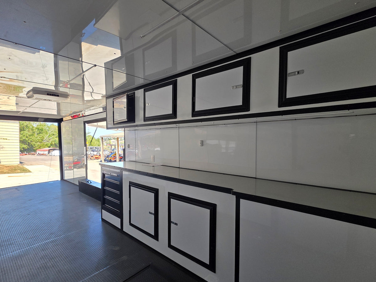 8.5x28  Grey Enclosed Trailer For Race, Show Car Fully Loaded (2) 7,000LB Axle 14K GVWR Interior front left angle picture 