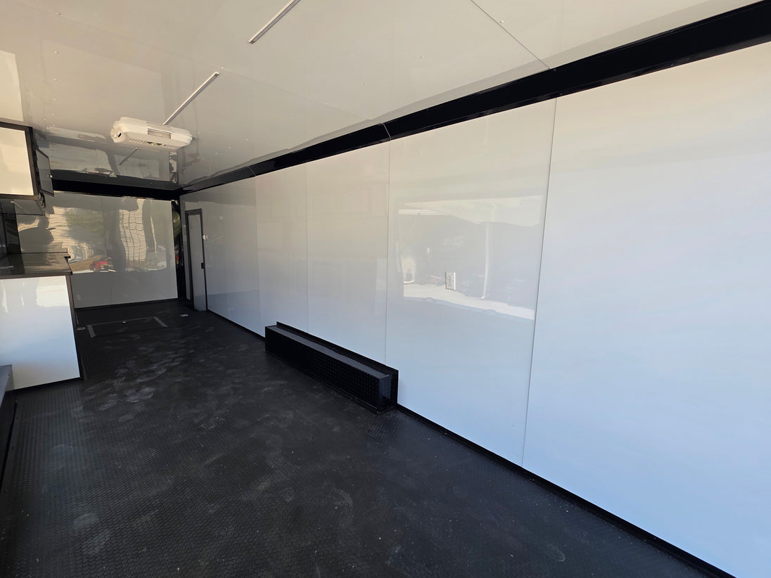 8.5x28  Grey Enclosed Trailer For Race, Show Car Fully Loaded (2) 7,000LB Axle 14K GVWR Interior back left angle picture 
