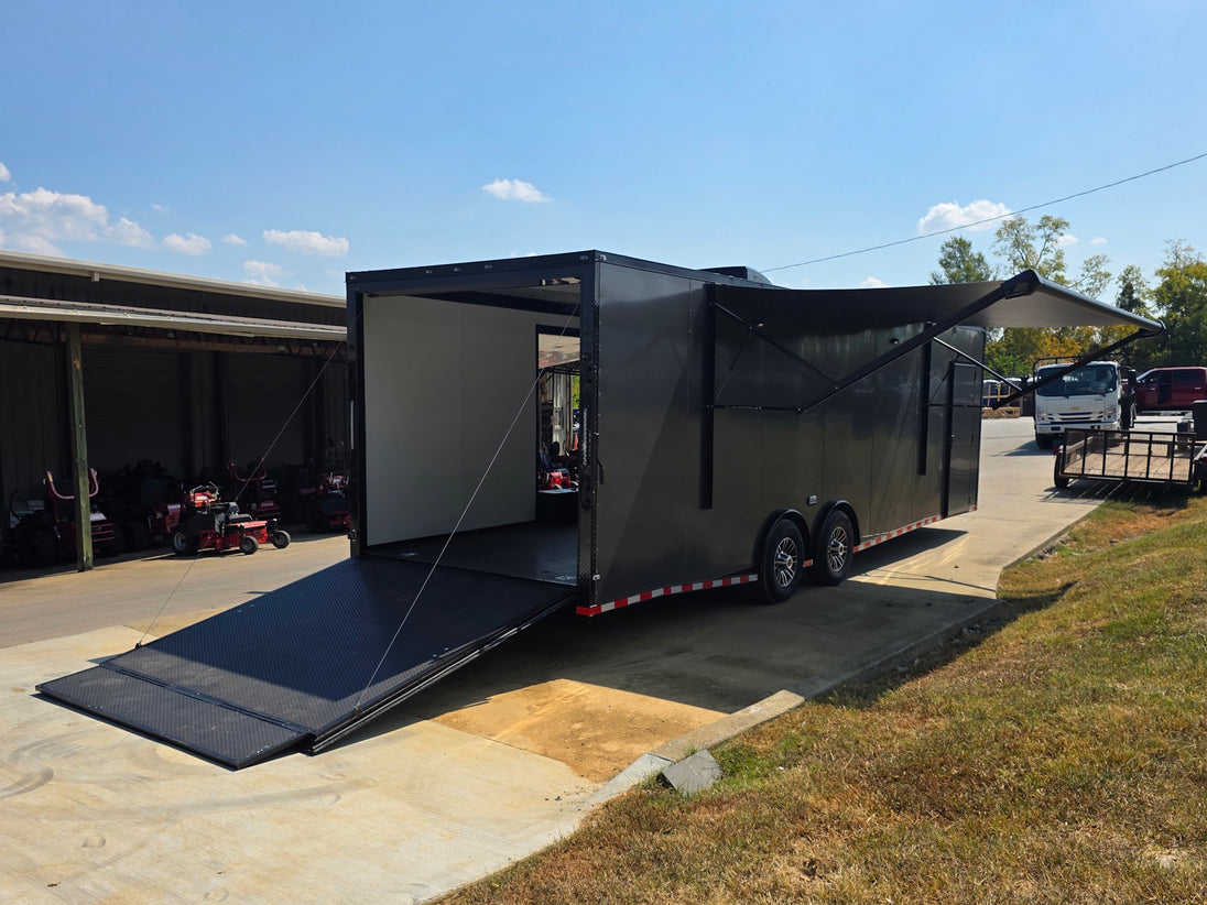 8.5x28  Grey Enclosed Trailer For Race, Show Car Fully Loaded (2) 7,000LB Axle 14K GVWR Open back right angle picture 