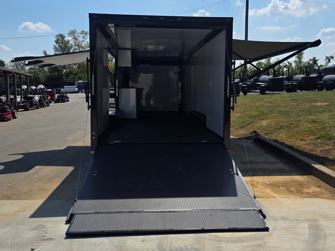 8.5x28  Grey Enclosed Trailer For Race, Show Car Fully Loaded (2) 7,000LB Axle 14K GVWR Open back side picture 