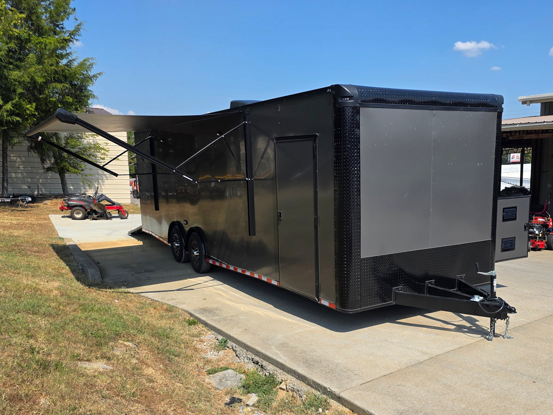 8.5x28  Grey Enclosed Trailer For Race, Show Car Fully Loaded (2) 7,000LB Axle 14K GVWR Open front left angle picture 