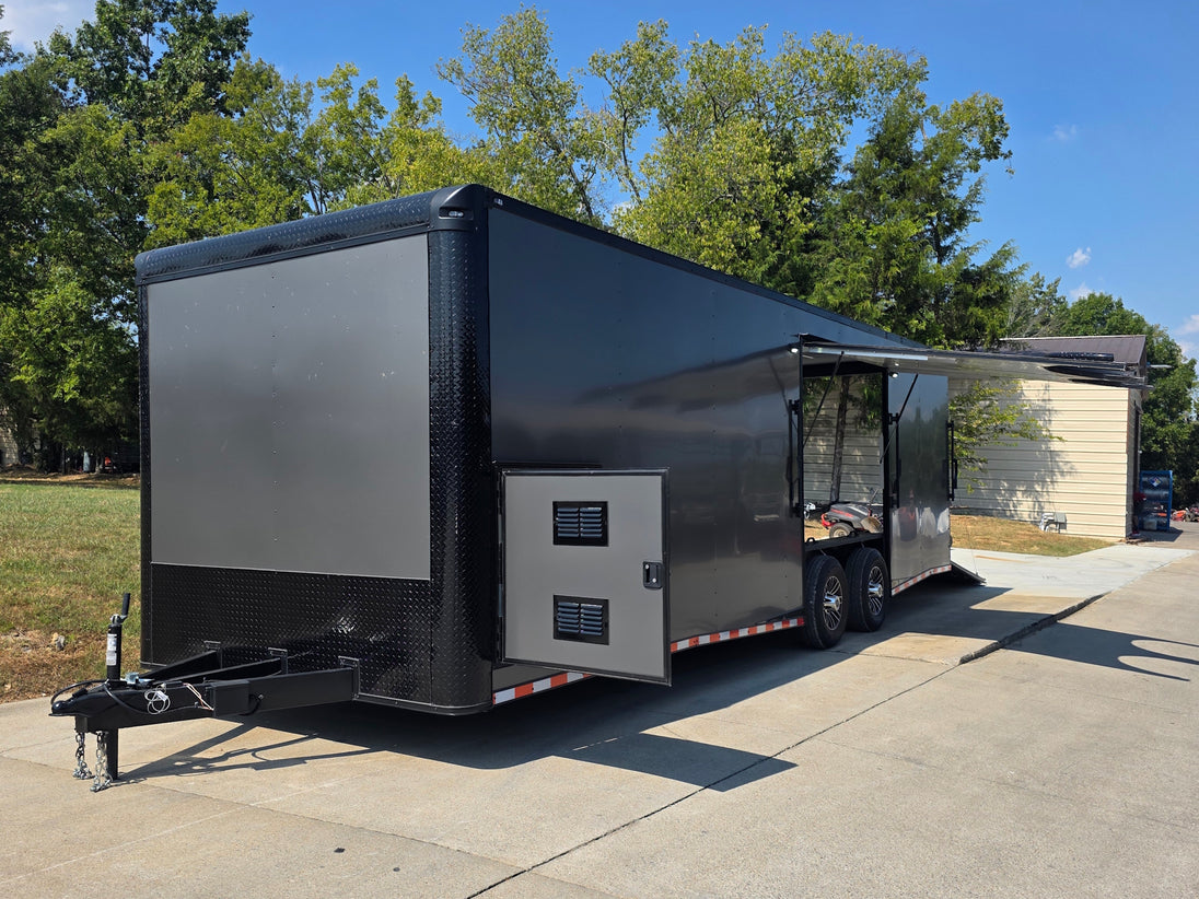 8.5x28  Grey Enclosed Trailer For Race, Show Car Fully Loaded (2) 7,000LB Axle 14K GVWR Open front right angle picture 