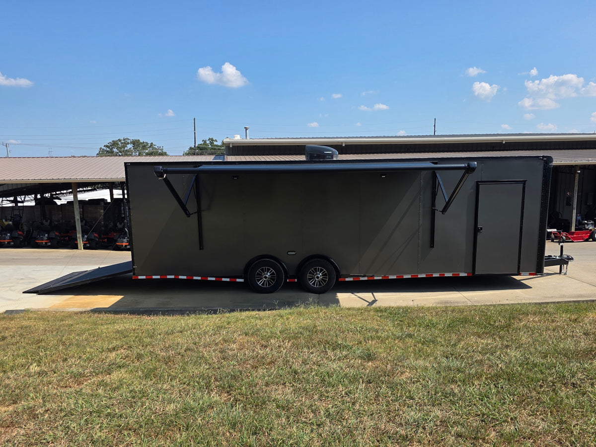 8.5x28  Grey Enclosed Trailer For Race, Show Car Fully Loaded (2) 7,000LB Axle 14K GVWR Open left side picture 