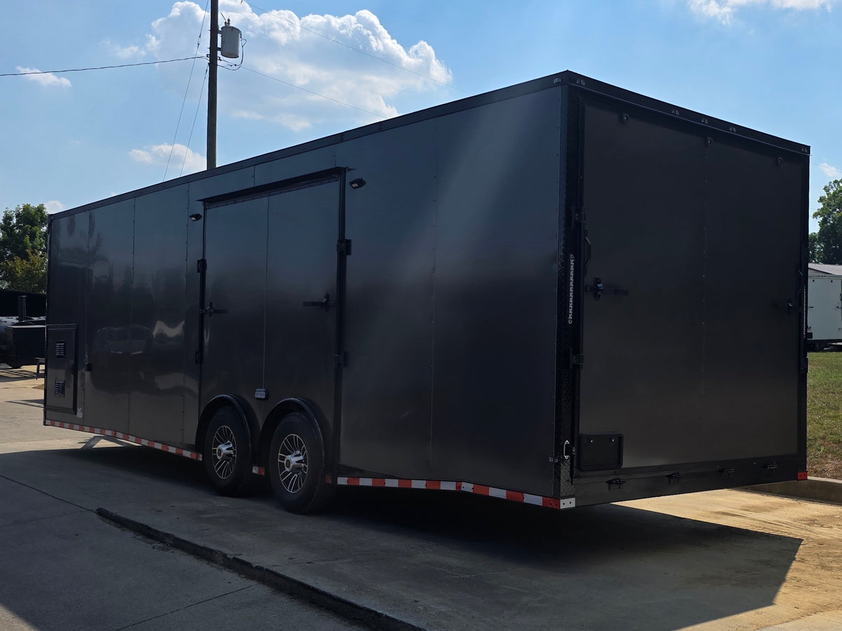 8.5x28  Grey Enclosed Trailer For Race, Show Car Fully Loaded (2) 7,000LB Axle 14K GVWR Back right angle picture 