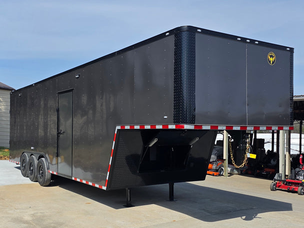 8.5x32 Gooseneck with 3-7K axles Charcoal Grey Front left angle picture 