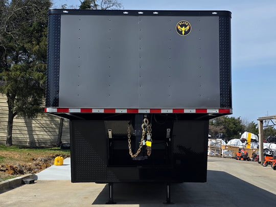8.5x32 Gooseneck with 3-7K axles Charcoal Grey Front side picture