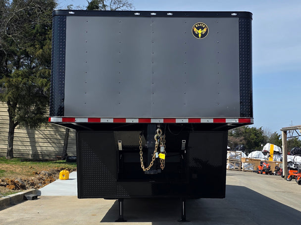 8.5x32 Gooseneck with 3-7K axles Charcoal Grey Front side picture