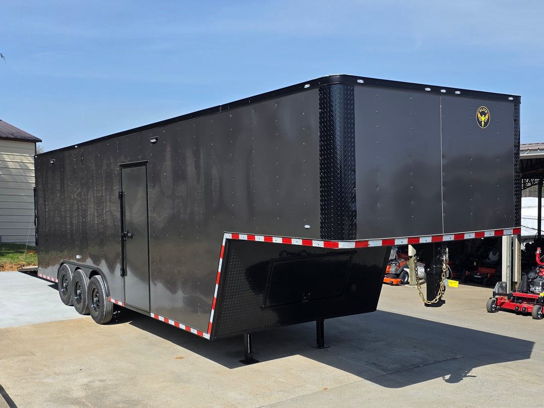 8.5x32 Gooseneck with 3-7K axles Charcoal Grey Open front left angle picture 