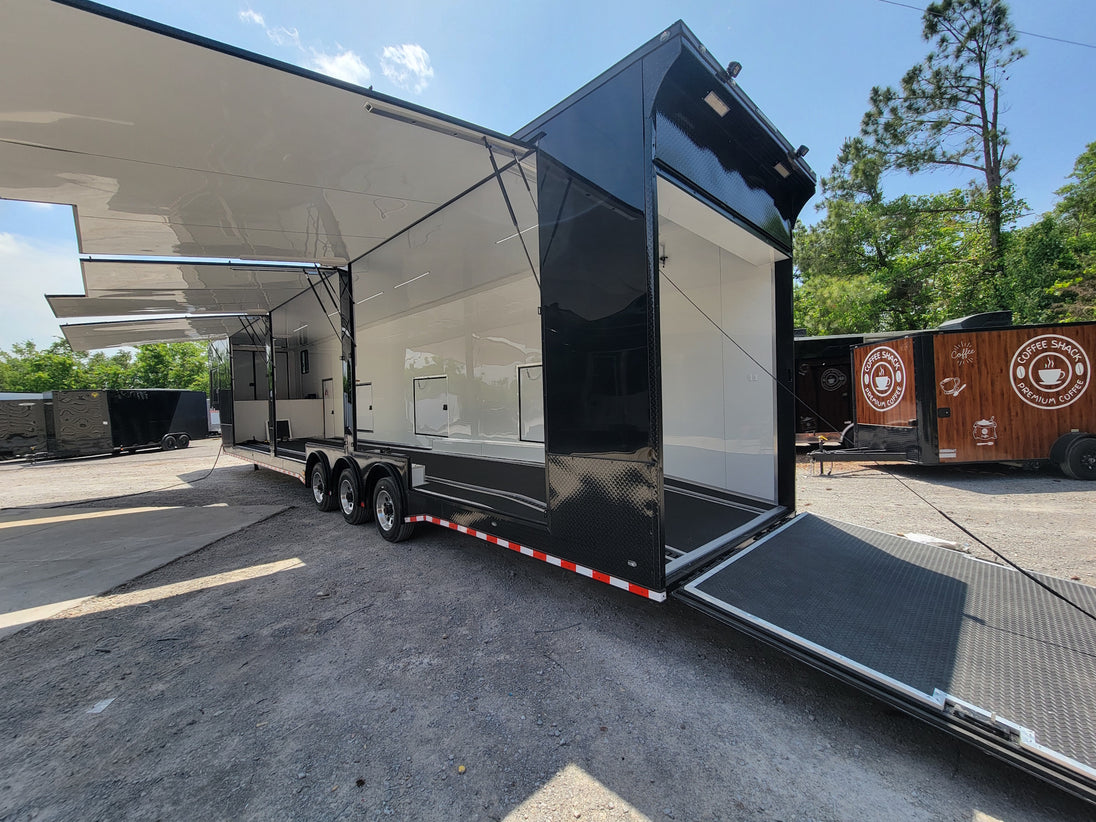 8.5x53 Gooseneck Black Showcase Car Hauler With Beaver Tail Open back left angle picture 