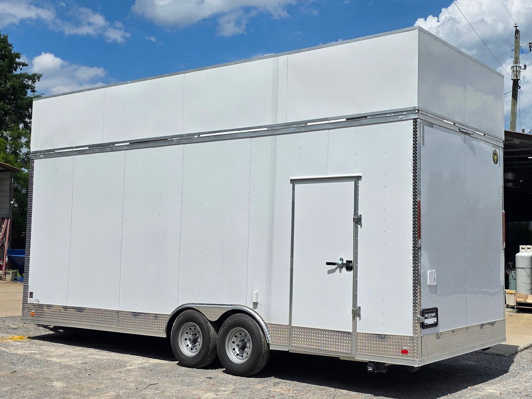 8'5'' x 24' White Concession Trailer w/ 36" Roof Marquee Closed back left angle picture 