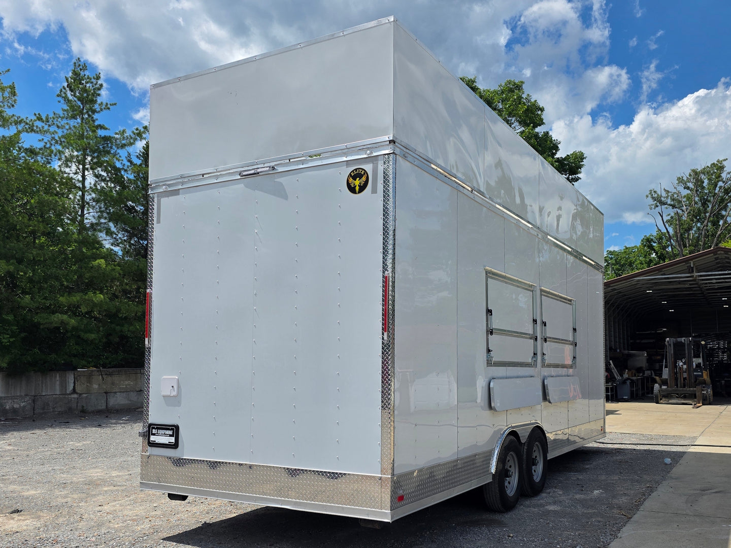8'5'' x 24' White Concession Trailer w/ 36" Roof Marquee Closed back right angle picture 