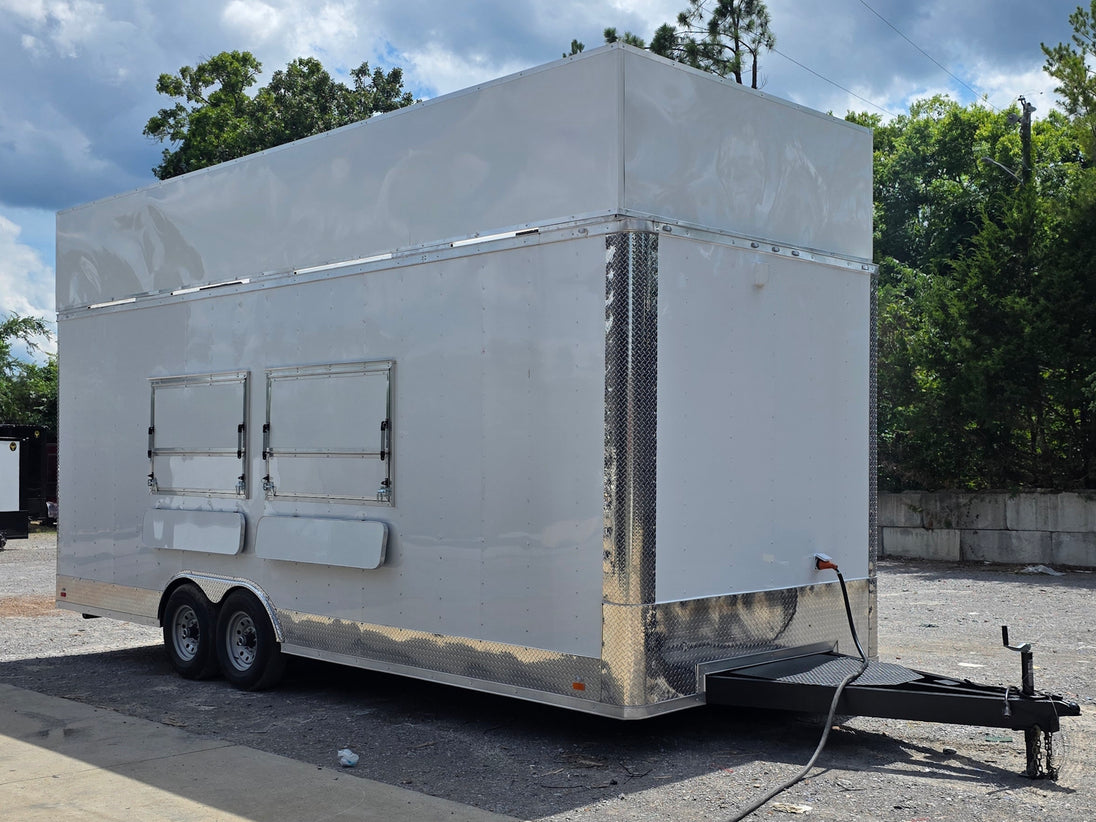 8'5'' x 24' White Concession Trailer w/ 36" Roof Marquee Closed front left angle picture 
