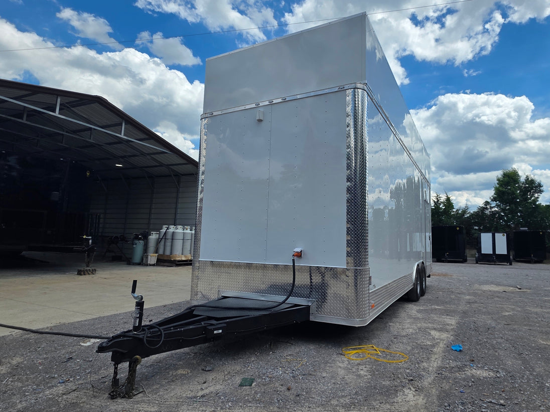 8'5'' x 24' White Concession Trailer w/ 36" Roof Marquee Front right angle picture 