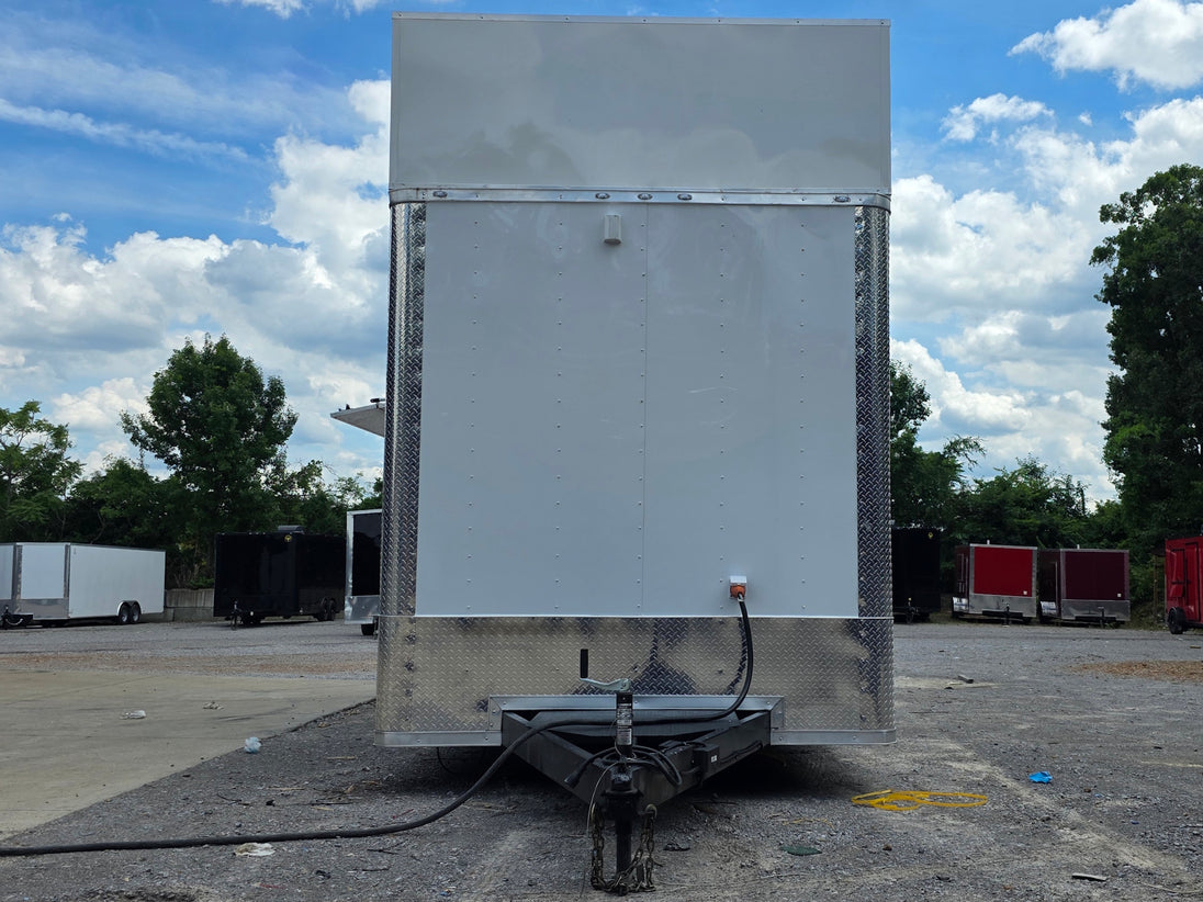 8'5'' x 24' White Concession Trailer w/ 36" Roof Marquee Front side picture 