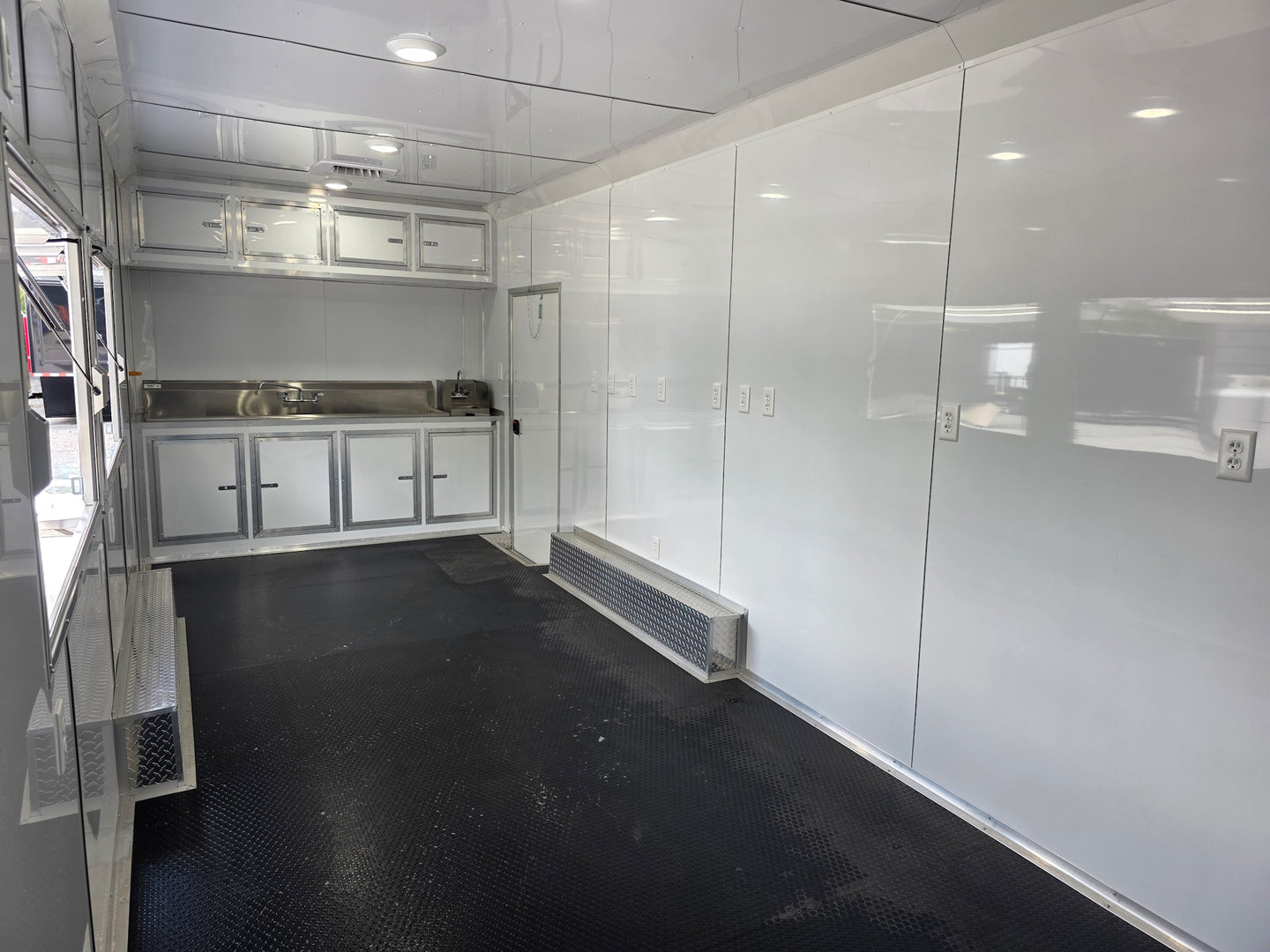 8'5'' x 24' White Concession Trailer w/ 36" Roof Marquee Interior back left angle picture 