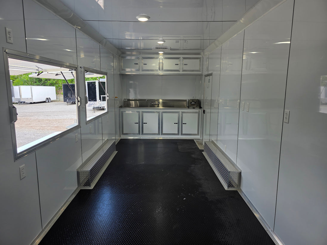 8'5'' x 24' White Concession Trailer w/ 36" Roof Marquee Interior back side picture 