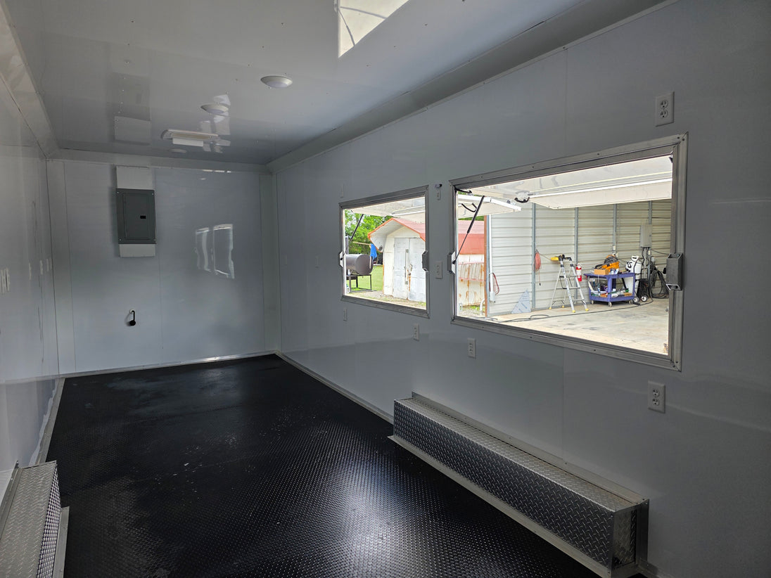8'5'' x 24' White Concession Trailer w/ 36" Roof Marquee Interior front left angle picture 