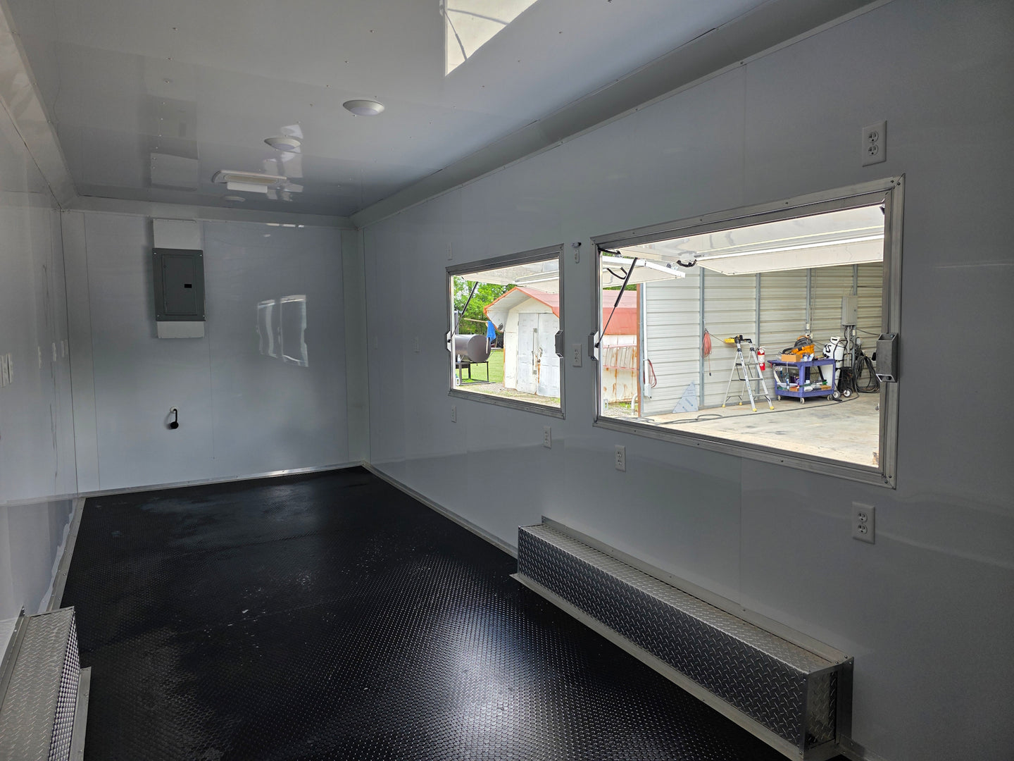 8'5'' x 24' White Concession Trailer w/ 36" Roof Marquee Interior front left angle picture 