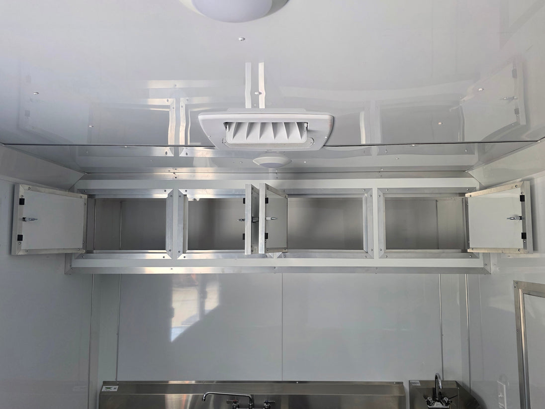 8'5'' x 24' White Concession Trailer w/ 36" Roof Marquee Open cabinet picture 