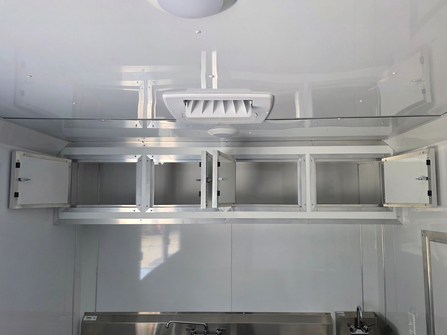8'5'' x 24' White Concession Trailer w/ 36" Roof Marquee Open cabinet picture 