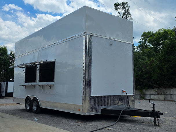 8'5'' x 24' White Concession Trailer w/ 36" Roof Marquee Front left angle picture 