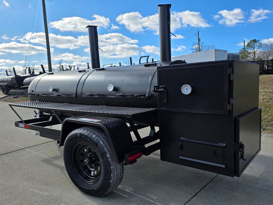 BBQ Smoker 300 Gallon Pull Behind Trailer 2 Door 1/2 Smoker 1/2 Charcoal Grill back left corner view picture 