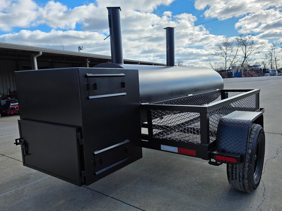 BBQ Smoker 300 Gallon Pull Behind Trailer 2 Door 1/2 Smoker 1/2 Charcoal Grill back right corner view picture 