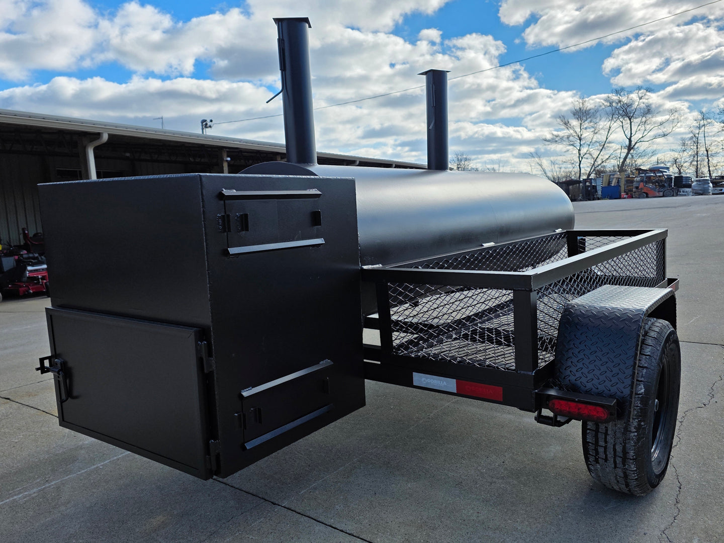 BBQ Smoker 300 Gallon Pull Behind Trailer 2 Door 1/2 Smoker 1/2 Charcoal Grill back right corner view picture 