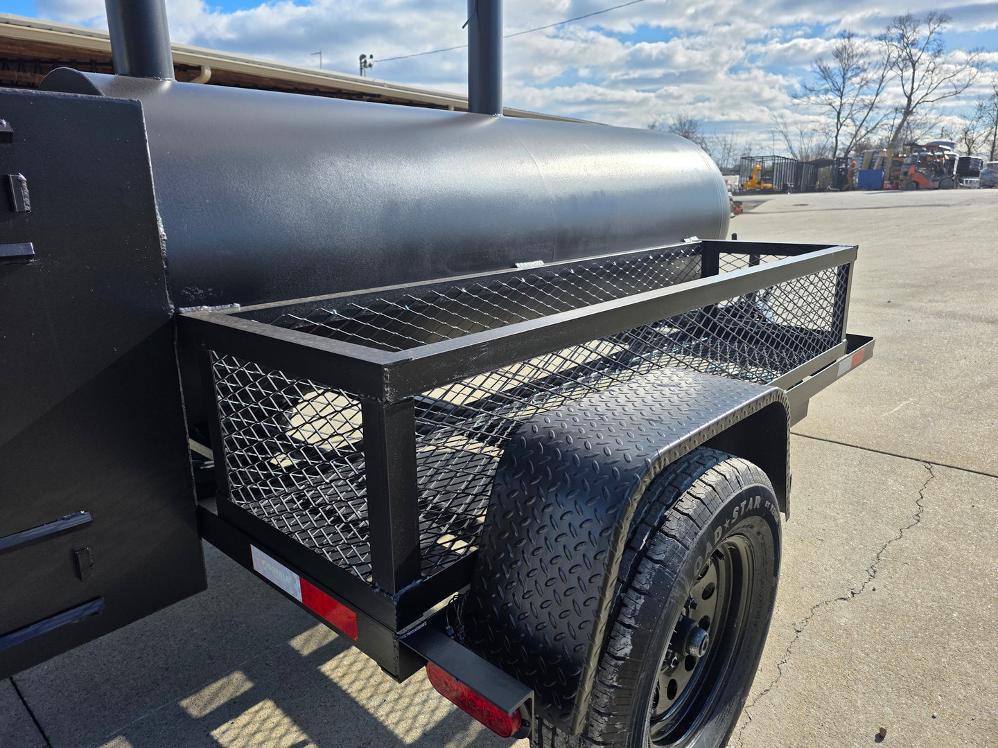BBQ Smoker 300 Gallon Pull Behind Trailer 2 Door 1/2 Smoker 1/2 Charcoal Grill back storage view picture 