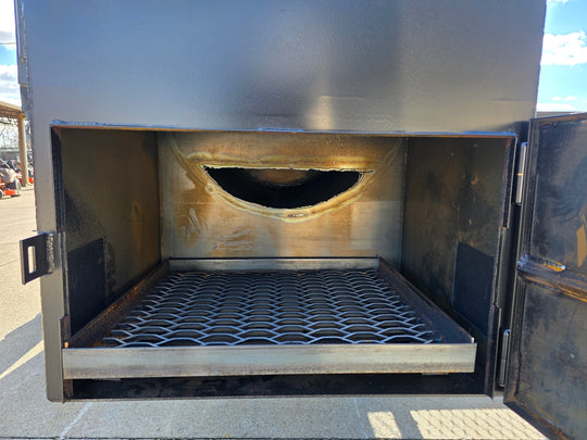 BBQ Smoker 300 Gallon Pull Behind Trailer 2 Door 1/2 Smoker 1/2 Charcoal Grill fire box view picture