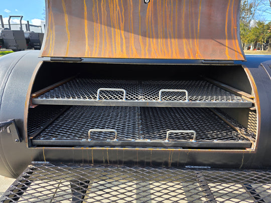 BBQ Smoker 300 Gallon Pull Behind Trailer 2 Door 1/2 Smoker 1/2 Charcoal Grill front grill trays view picture 