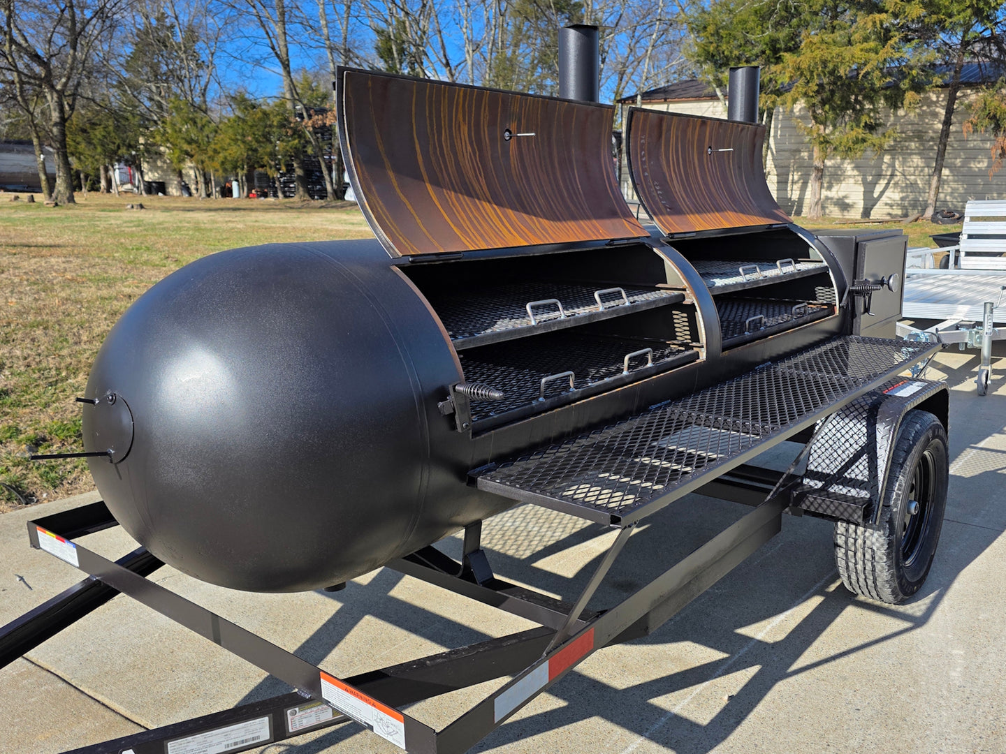 BBQ Smoker 300 Gallon Pull Behind Trailer 2 Door 1/2 Smoker 1/2 Charcoal Grill front right open door view picture 