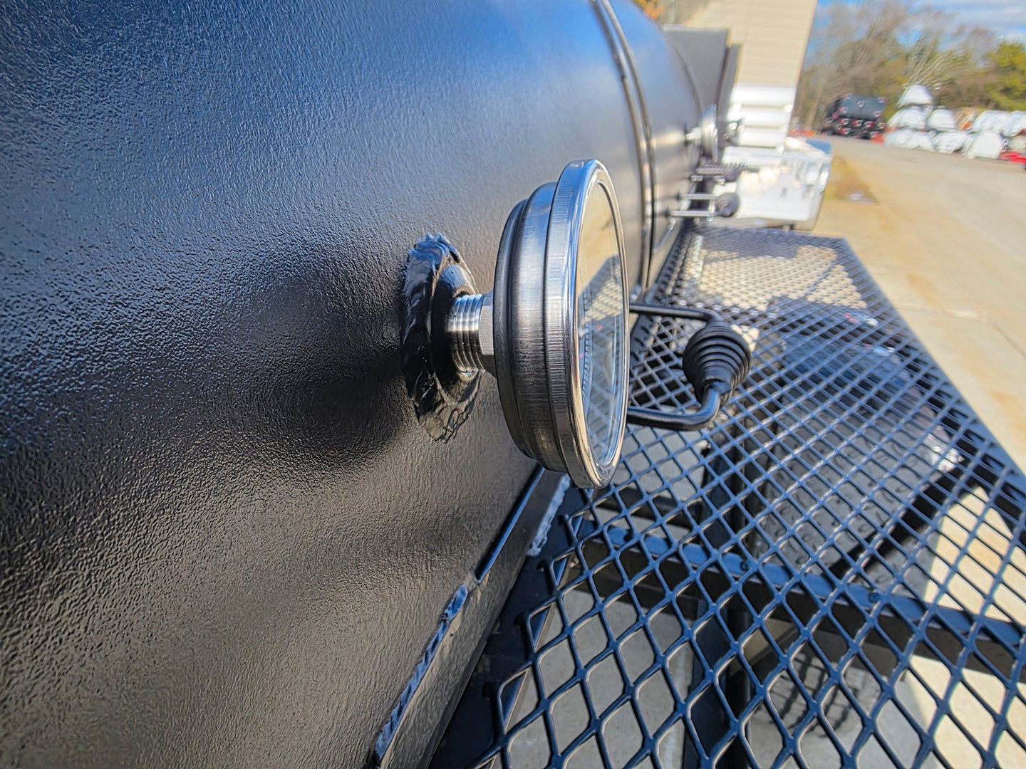 BBQ Smoker 300 Gallon Pull Behind Trailer 2 Door 1/2 Smoker 1/2 Charcoal Grill gauge side view picture 