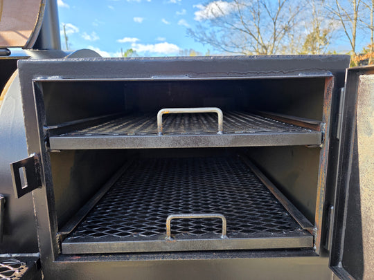 BBQ Smoker 300 Gallon Pull Behind Trailer 2 Door 1/2 Smoker 1/2 Charcoal Grill warming box inside view picture